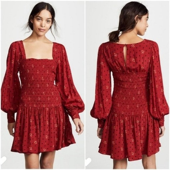 Free People Dresses & Skirts - Free People Two Faces Red Smocked Mini Dress Size Small NWT